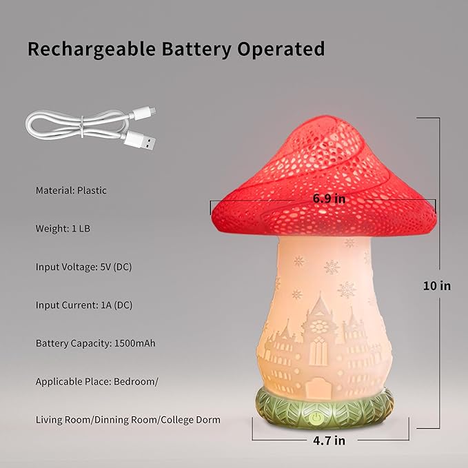 Mushroom Lamp for Bedroom - 360° Rotating Table Lamp with USB C Charging, Touch Control 3 Color Temperatures Bedside Lamp for Nightstand, Home Decor