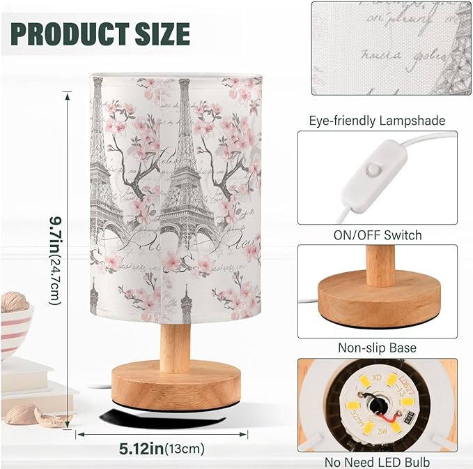 Eiffel Tower Floral Pink and White Table Lamp for Bedroom USB Port Lamps Small Accent Table Lamp Nightstand Lamp Study Linen Shade with Wooden Base, Decorative Lamps for Bedside Reading|Kids|Dorm|Home