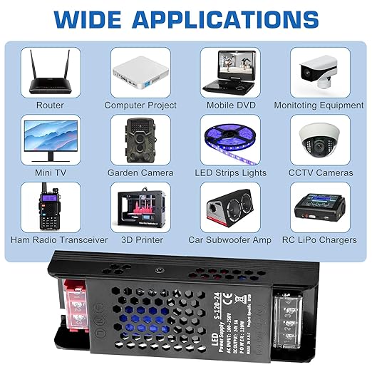 LED Driver 24V 120W 5A Slim LED Power Supply, AC 100-250V to 24V DC Adapter, Constant Voltage LED Transformer for Strip Lights, Bulbs, Garden and Cabinet Lights