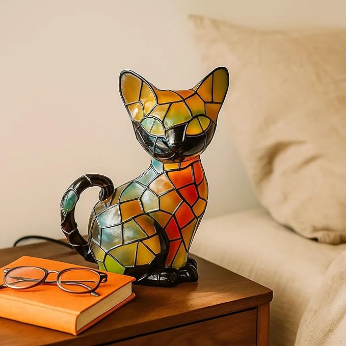 Cat Lamp, Stained Glass Cat Lamp, Decorative Resin LED Night Light for Cat Lovers, USB Vintage 3D Table Lamp Cozy Glow for Desk & Mantel – Fun Gift for Pet Owners (Little Kitten)