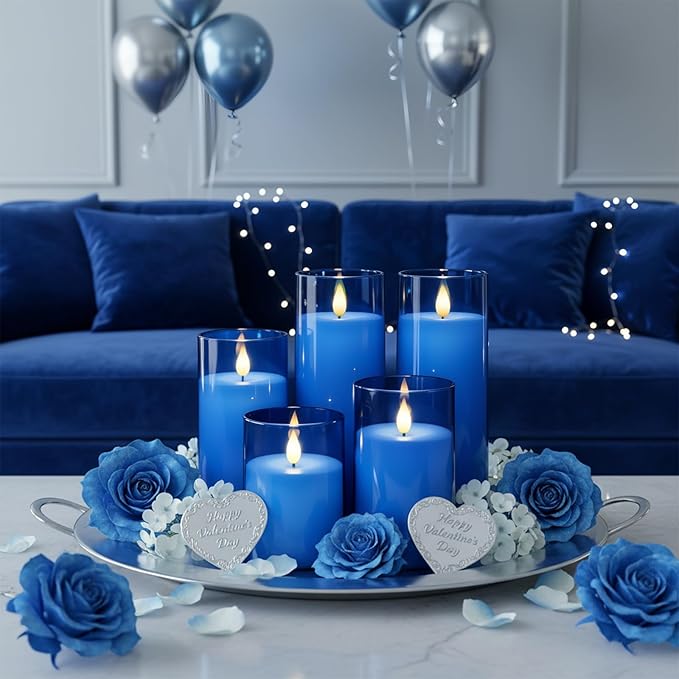 Homemory Blue Flickering Flameless Candles, Battery Operated Acrylic LED Pillar Candles with Remote Control and Timer, Blue Decor, Set of 5