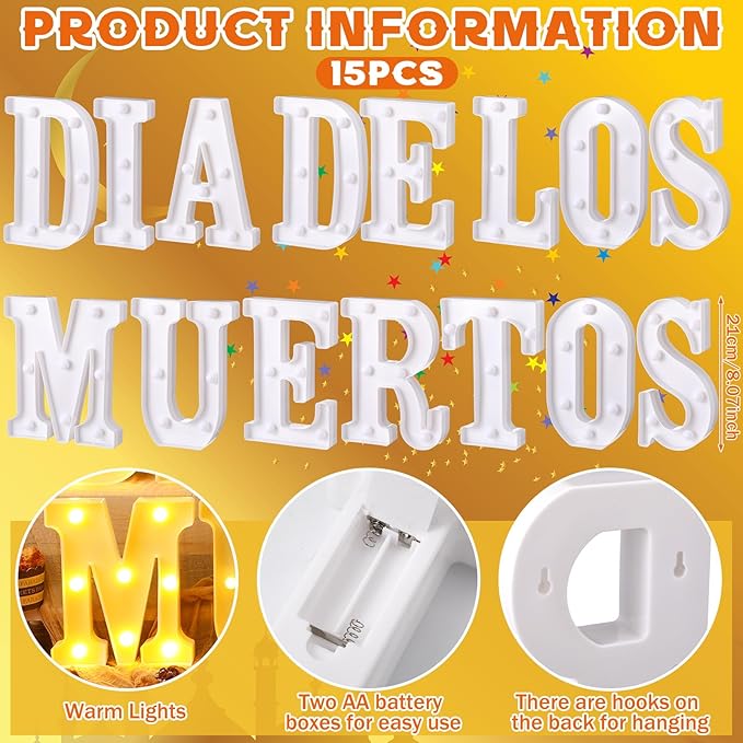 15 Pcs Day of The Dead Decorations Dia De Los Muertos Large LED Letter Signs LED Lights Battery Powered Table Decorations for Mexican Fiesta Party
