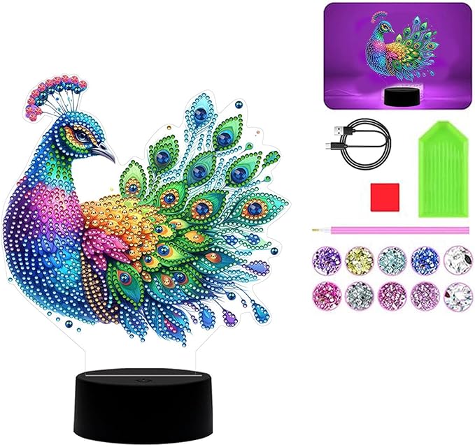 Peacock Diamond Art Painting Night Light,Diamond Art Painting Kits Desktop Touch Lamp Ornaments for Tabletop Decor Diamond Art Accessories for Adult Beginner Bedrooms Living Room