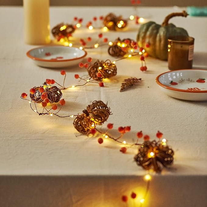 Nature Rattan Pumpkin Lights - 10FT 30 LED Cozy Fall Garland with Lights Battery Operated Charming Thanksgiving Decorations with Remote - Ideal Thanksgiving Garland Fall Decorations for Home
