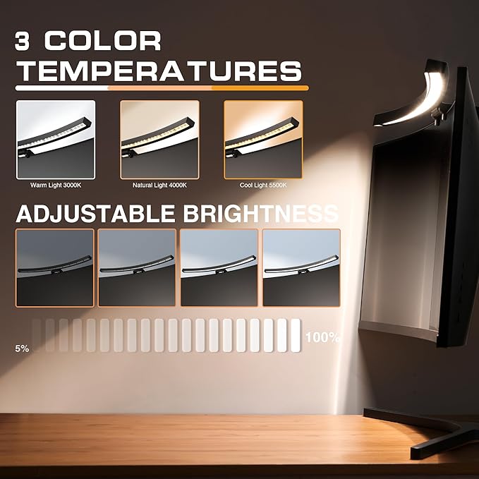 Curved Monitor Light Bar with RGB Backlight,3 Color Temperatures & Stepless Dimming,Music Sync LED Screenbar with Touch Control Button for Over Computer Screen
