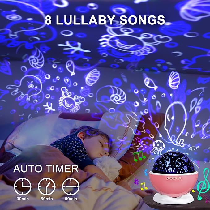 Night Light Projector,Night Light for Kids Room with Remote and Timer,360° Rotation,3 Projection Films,18 Light Modes,8 Lullaby Songs,Kids Night Lamp, Christmas Birthday Gifts for Boys Girls (Pink)