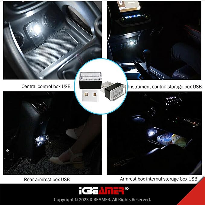 ICBEAMER 2-Pack USB Type-A LED Night Light, Color: White | Plug-in Universal Fit Automotive Accessories for Car Interior and Trunk Ambient Atmosphere Lighting
