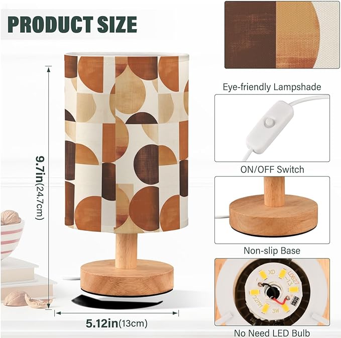 Rust Brown Modern Geometry Art Pattern Bedside Table Lamps with USB Port for Bedroom Lamp Accent Table Lamp Small Nightstand Lamp Sturdy Linen Shade Wooden Base Decorative Lamps for Kids|Dorm|Home