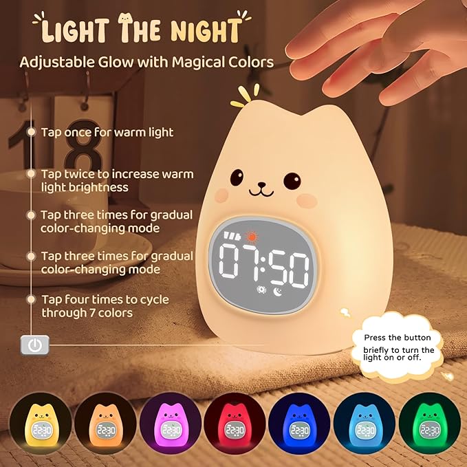 Cat Alarm Clock with Night Light for Kids with Sleep Training and Sound Machine, Rechargeable Silicone Lamp OK to Wake Clock，Cute Animal Tabletop Lamp, Perfect Sleep Companion for Boys Girls