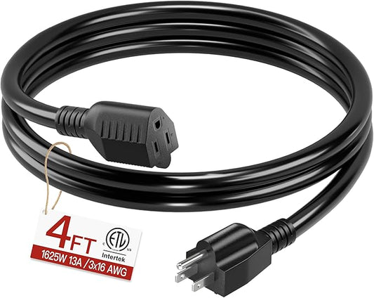16/3 Short Extension Cord 4 FT, Black Extension Cord Flexible & Durable, Indoor 3 Prong Power Cable, Suitable for Home and Office, 13 Amp 1625 Watt 125VAC 16AWG, ETL Listed