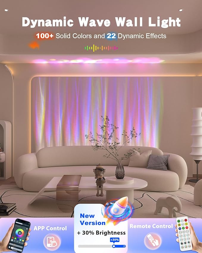 TACAHE Dynamic Wave Wall Light - Flowing Water Visual - RGB + 6000K Solid Color - Light Effects & Music Sync - APP & Remote Control - Indoor Enhance Ambient Lamp - 30W - 39 Inch - 1 Pack