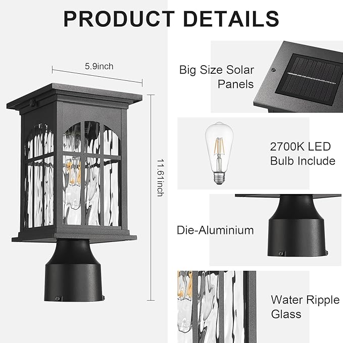 Solar Lamp Post Lights Outdoor Waterproof, Dusk to Dawn Outside Pole Light Fixture with Remote, Exterior Pillar Lantern with Water Ripple Glass and LED Bulb for Pathway Garden Patio Gargae