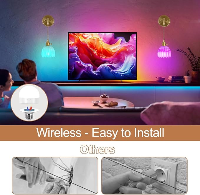 Vintage Battery Operated Wall Sconces Sets Of Two, Indoor not Hardwired Milky White Tulip Glass Lampshade Fixtures, Rechargeable Wireless RGB Wall Lights with Dimmable Remote, for Bedroom Living Room