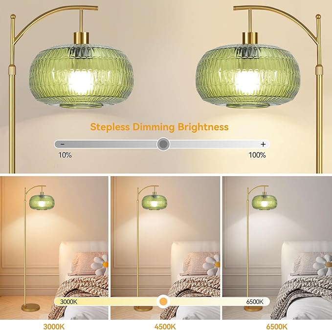 Green Floor Lamp for Living Room,Bedroom,Gold Dimmable Standing Lamp with Remote,Mid Century Modern Brass Tall Lamp Boho Floor Lamps Arc Stained Glass Floor Light Lamp Girls Bohemian