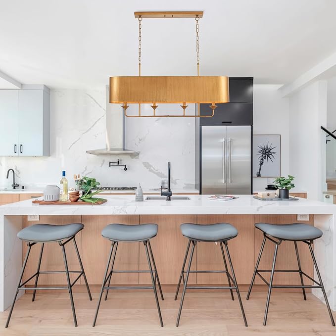 42” Brass Metal Linear Chandelier 4-Lights Adjustable Modern Industrial Pendant Light for Kitchen Island Dining Room Living Room, UL Listed