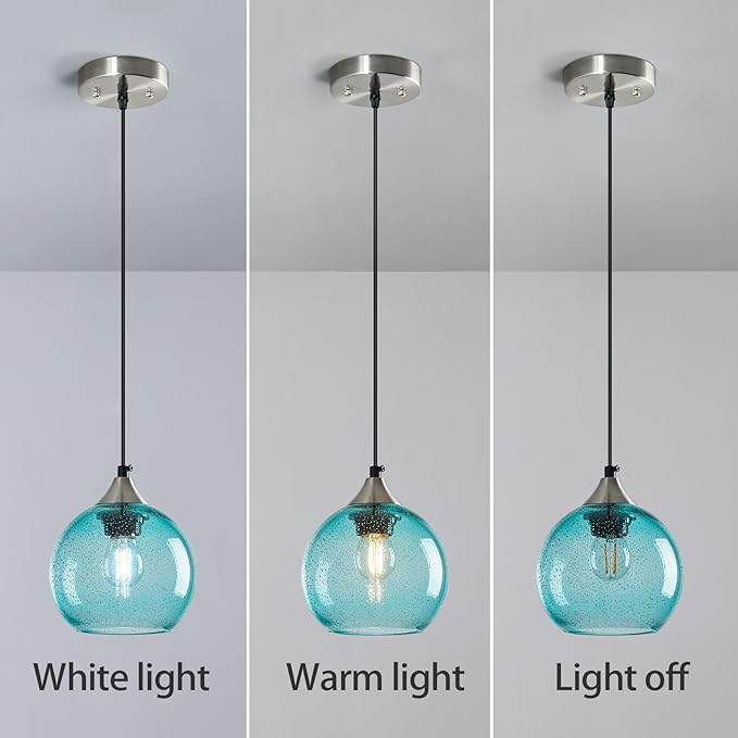 Light Blue Glass Pendant Lights Kitchen Island Globe Pendant Light Fixtures Modern Pendant Lighting for Bedroom Living Dining Room Light Fixture (5.9 in, 2 Pack)