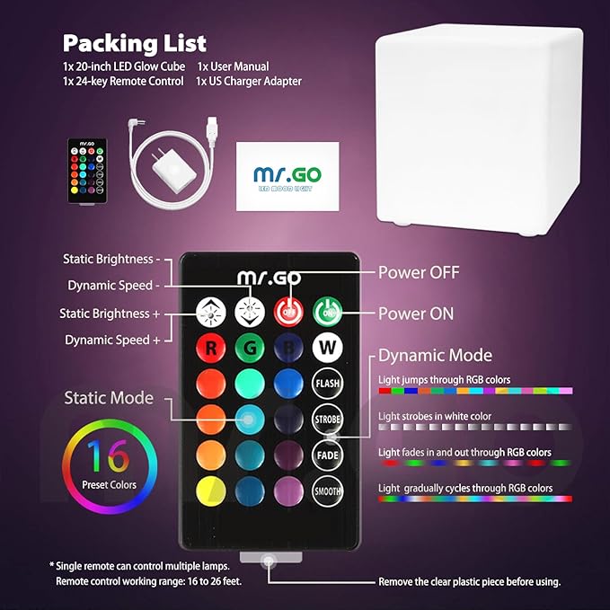 Mr.Go 20-inch LED Lighted Cube Table, Large LED Cube Chair Light, 16 RGB Colors Glowing Cube Seat w/Remote - Rechargeable - Waterproof - Home Outdoor Patio Pool Bar Stage Party Lighting Decoration