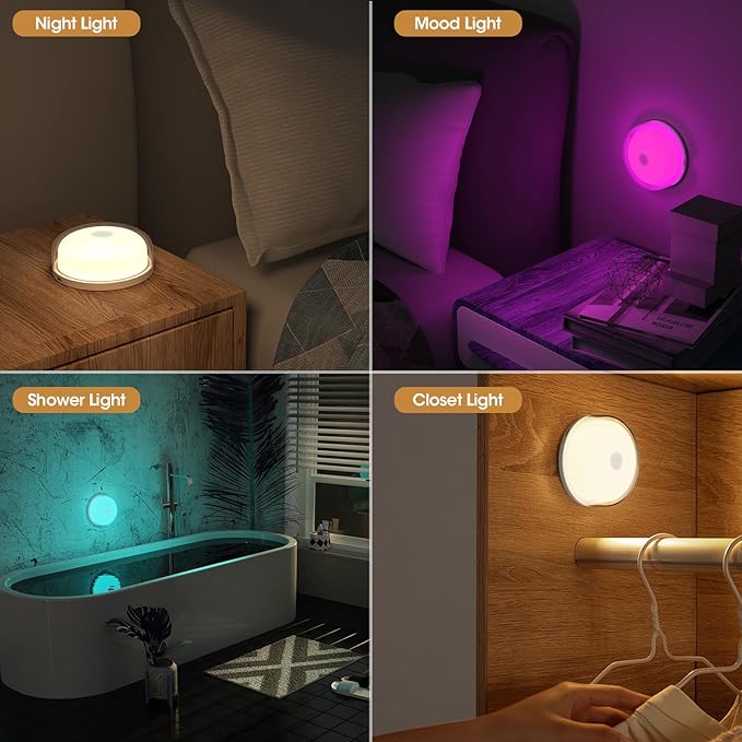 Rechargeable Shower Light No Wiring - 15 Color Changing Mood Light for Shower Bathroom Closet Bedroom Livingroom, 2 Pack