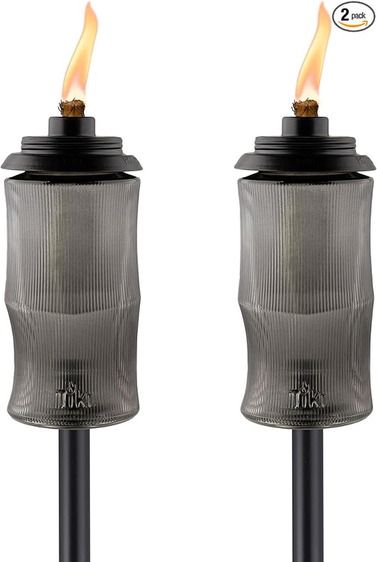 TIKI Easy Install Black Carved Glass 65 Inch TIKI Torch, Outdoor Decorative Lighting for Lawn Patio Backyard, 2 - Pack, 1124129