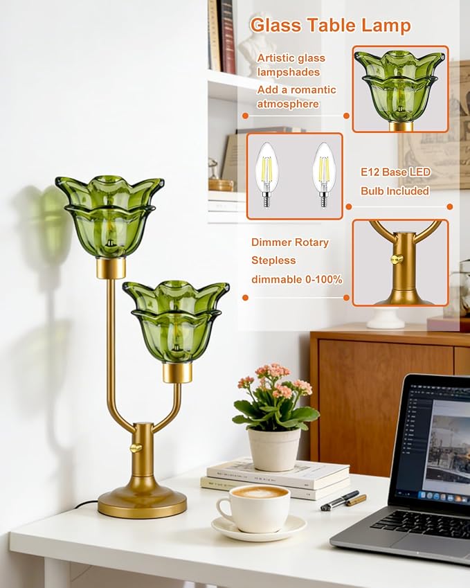 Lightdot Mid Century Modern Flower Table Lamp Gold Dimmable U-Shaped Green Glass Desk Lamps with 2Pcs 3000K Warmwhite Bulbs Included Bedside Nightstand Lamp for Living Room Bedroom