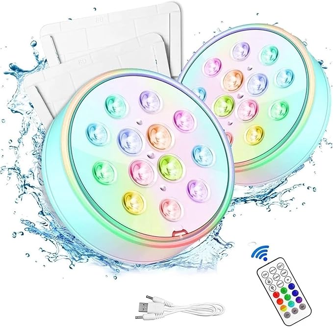 USB Rechargeable Pool Light Waterproof LED RGB RF Remote Control Diving Light Swimming Pool Underwater Decorative Lamp(2 PCS)