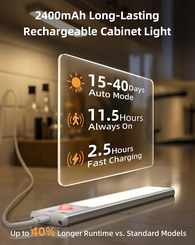 EZVALO 8" Under Cabinet Lighting, 2400mAh USB-C Rechargeable Motion Sensor Light, 3 Color Temps, 5-Level Dimmable Magnetic Wireless Closet Lights for Kitchen, Pantry, Stairs (2 Pack)