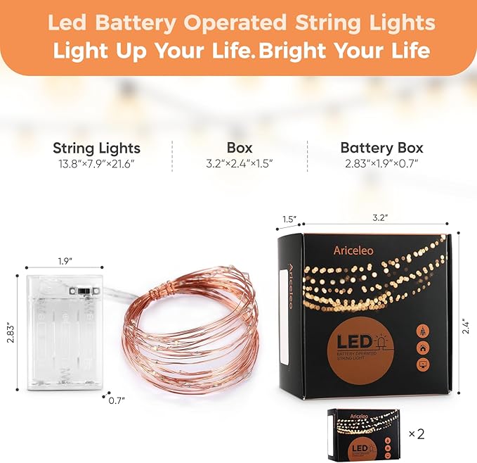 2 Pack 16.4ft Battery Operated String Lights with Timer, Cool White with Synchronized Twinkle Mode, Fairy Lights Battery Powered, 50 LEDs, Idea for Christmas Bedroom Party Wedding