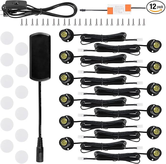 12pcs Cold White Mini LED Spot Lights, 6000K Under Cabinet Lights, Mini Spotlights Display Light for Painting Picture Plants Jewelry Showcase Model Display Shelves ,Pushbutton Switches,U.S. Plugs
