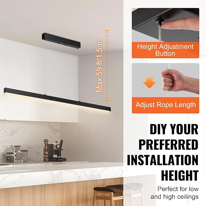 VEVOR Dimmable Linear Pendant Light, 20W, 47 in LED Linear Light Fixture Chandelier with Acrylic Lampshade 3000K / 4000K / 6500K Color Temperature Adjustable Height, for Dining Room Kitchen Island