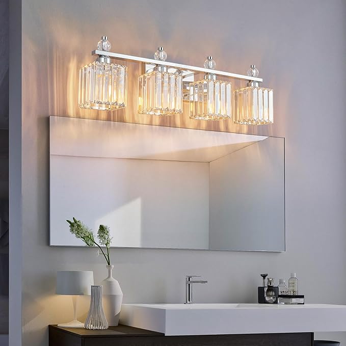 Vanity Lights 4-Light Modern Crystal Vanity Light Chrome Bathroom Light Fixtures Over Mirror Crystal Bathroom Vanity Lighting Fixtures