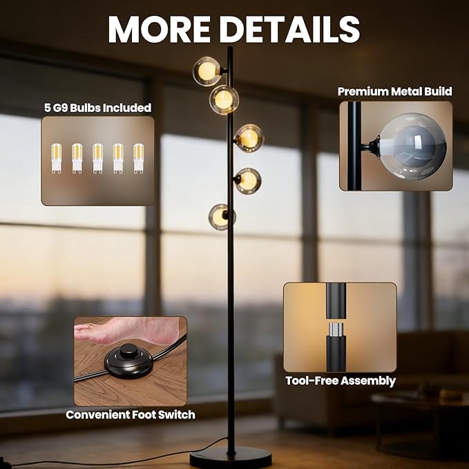 Mid Century Modern Floor Lamp, 5-Light Glass Globe Tall Standing Tree Lamp, Smoked Double-Glass Shades, 3 Color Temp G9 Bulbs Included, 1800LM Bright Corner Light for Living Room, Bedroom