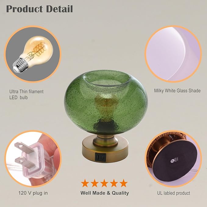 Mid Century Glass Table Lamp,Dimmable Desk Lamp,LED Bulb Included,Touch Control & USB A+C Port,Green Seeded Glass