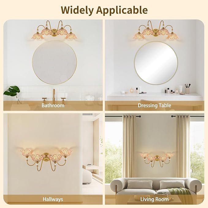 Vintage Bathroom Vanity Light, 4-Light Matte Brass Finish Vanity Light with Floral Amber Glass Shades, Retro Wall Mount Lighting for Bathroom, Dressing Table