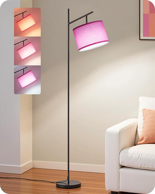 EDISHINE Modern Floor Lamps for Living Room, 64.7" Minimalist Standing Lamp with 3 Color Temperatures Bulb & Adjustable Linen Shade, Foot Pedal Switch, Arc Tall Lamp for Office Bedroom, Pink Shade