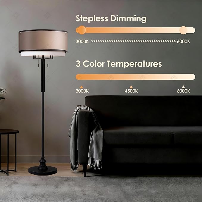 High-end Floor Lamps, Dimmable Standing Light, 3 Color Temperatures, Stepless dimming, Black Floor Lamp with Remote & App Control, Floor Lamp for Bedroom, 2 Bulbs(Included)