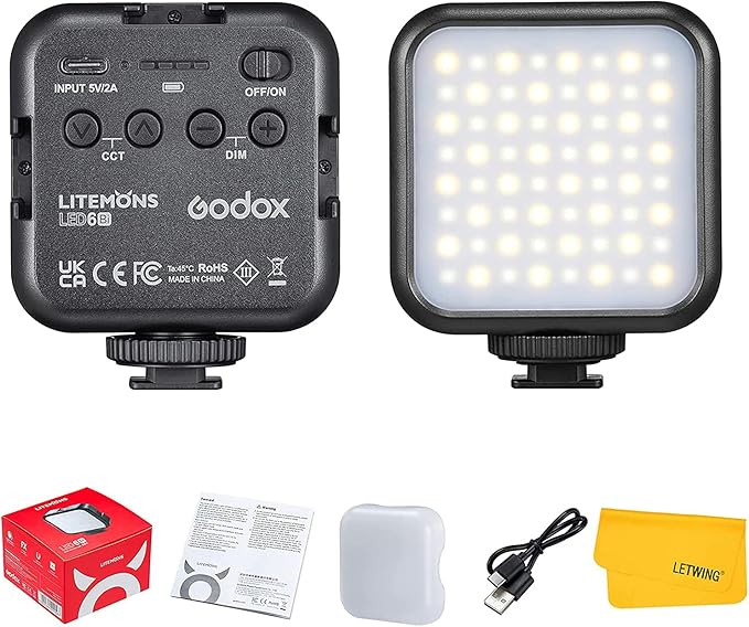 GODOX LED6Bi LED Video Light,Rechargeable Bi-Color Temperature LED Camera Light,Mini Fill-in Light 3200K-6500K Dimmable Support Magnetic Adsorption with 3 Cold Shoe Mounts for Vlog Live Streaming