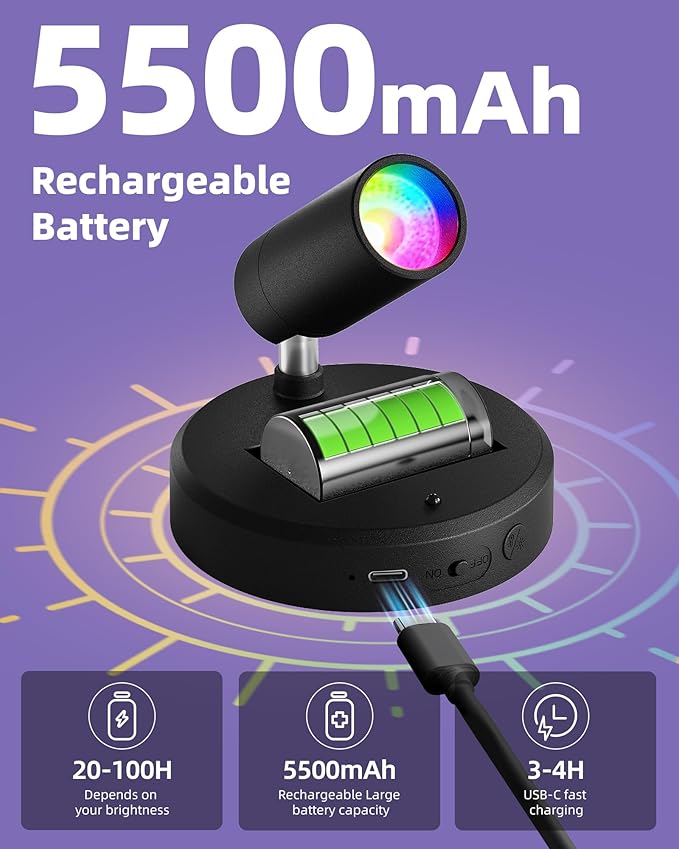 EZVALO RGB Spotlights Indoor with Remote, 5500mAh Rechargeable Picture Lights, DIY Mode & 83 Color Changing Uplighting, Wireless Mini Accent Lighting for Halloween and Christmas (2Pack-Black)