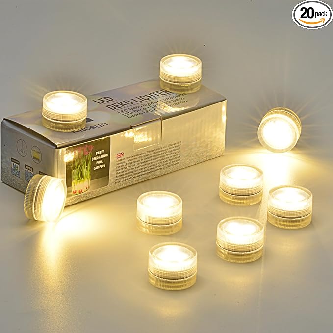 Submersible Tea Xmas Christmas Decorations Lights Candles – 20 Pack Battery Operated LED Fake Candles | Mini underwater Led Tealight Accent Lights for Pool Pond Wedding Party Decoration (Warm White)