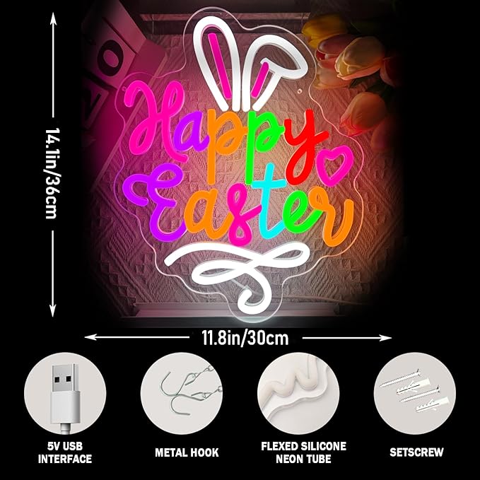 Happy Easter Neon Sign Easter Neon Bunny Neon Led Light Wall Decoration Party Home Room Decoration Gift for Children