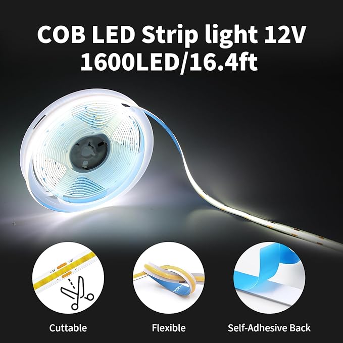 32.8FT/10M COB LED Strip Light, White 6000K LED Tape Lights, 8mm Width LED Lights, CRI93+ Dimmable Flexible Lights Kit for Bedroom TV Backlight Kitchen Mirror Decor(Plug Inclued)