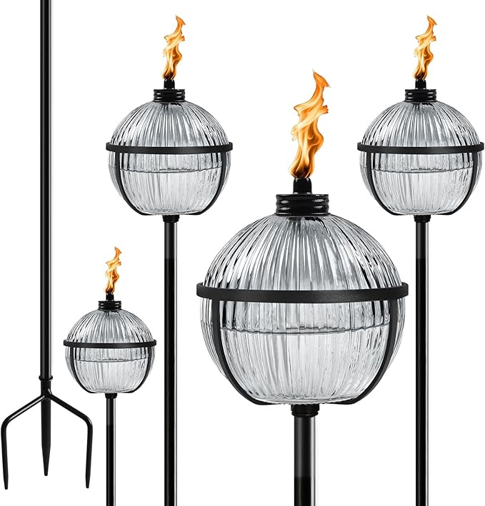 Citronella Torches Set of 4, Large Capacity 16 oz Outdoor Glass Torch Garden Décor，58.6 - Inch Upgraded Citronella Torches with 3-Prong Grounded Stake for Yard, Patio, Gatherin