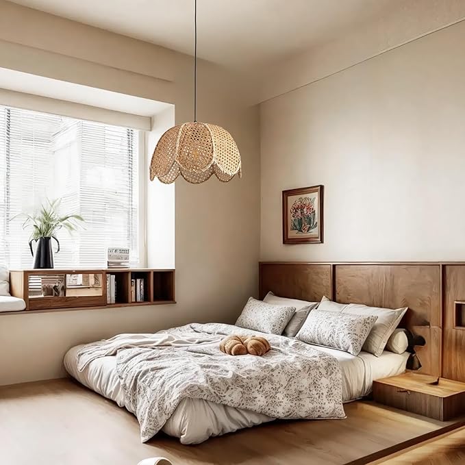 15.75" Rattan Pendant Light Boho Natural Rattan Hanging Lamp,1-Light Hand-Woven Flower Shaped Ceiling Chandelier for Dining Living Bedroom Kitchen Farmhouse