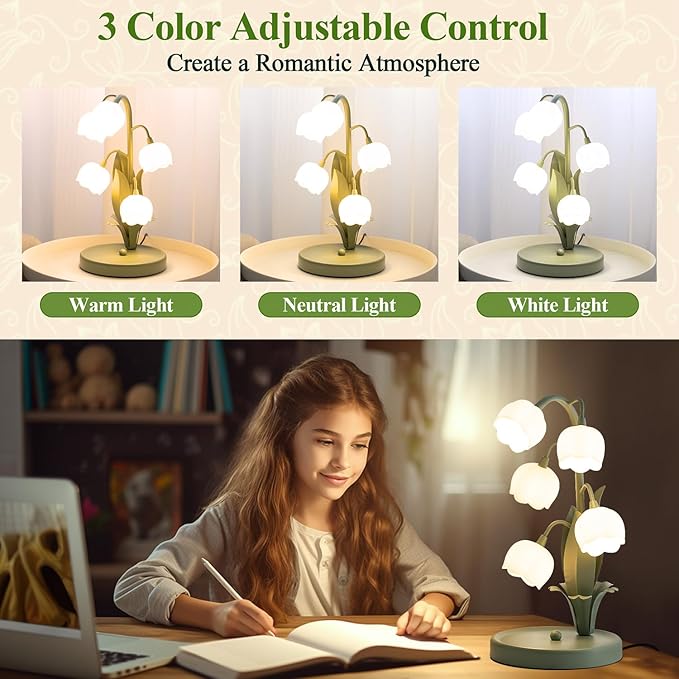 Green Flower Table Lamp, Bedside Vintage Table Lamps Lily of The Valley Lamp with 3 Color Modes, Kawaii Cottagecore Light for Bedroom, Dorm, Living Room,Home Decor (Green)