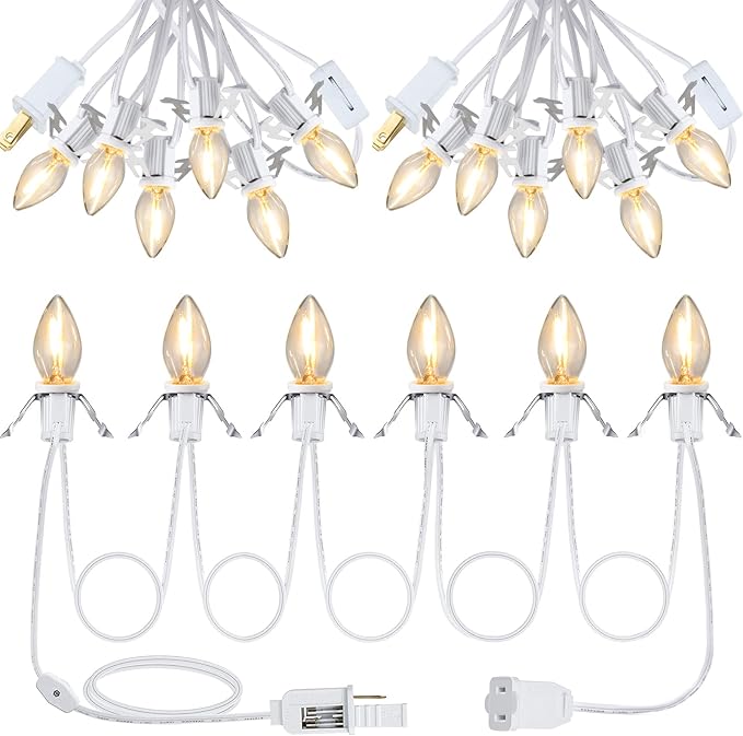 Coume Set of 3 Christmas Village Light Accessory Cord with 6 Socket Led Bulbs and Clips, Accessories White Bulb On/Off Switch for Decor, 11.5 Feet
