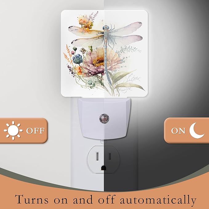 Night Light,Dragonfly Watercolor Night Lights Plug into Wall for Boys Girls Bedroom Decorative Half Round Nightlight Led Lamp 0.5W Sleep Friendly