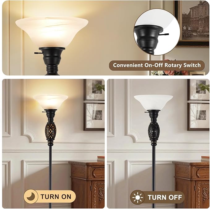 Vintage Floor Lamp with Nightlight, 70" Rustic Standing Lamp with Glass Shade, Victorian Style Tall Lamp Decor for Living Room Bedroom Study Home Office Corner (Bulb Included)