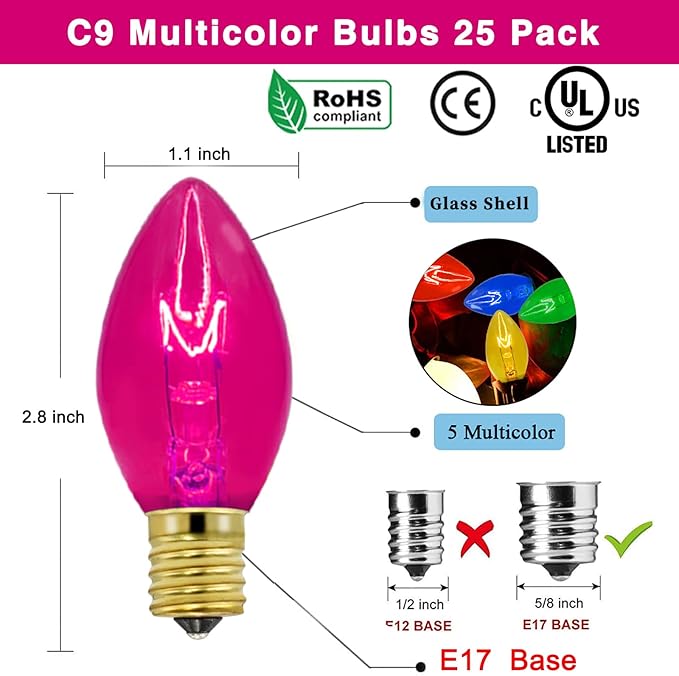 25 Pack C9 Replacement Christmas Light Bulbs,7 Watt C9 Multicolor Clear Light Bulbs for Christmas Indoor Outdoor Patio Halloween Party String Lights, C9/E17 Candelabra Base