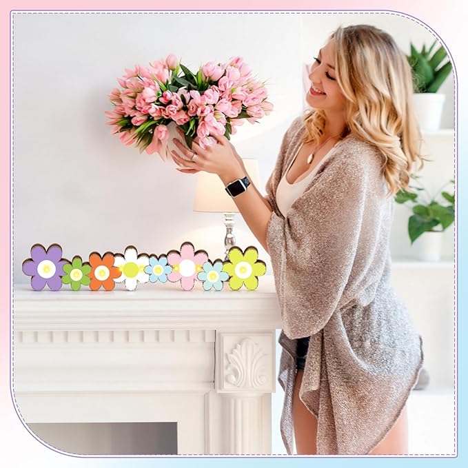 Yousoontic Spring Easter Decorations Daisy Flower Table Centerpieces, Light up 3D Wooden Floral Sign with LED Lights, Colorful Farmhouse Spring Decor for Home Mantel Desk Office Party