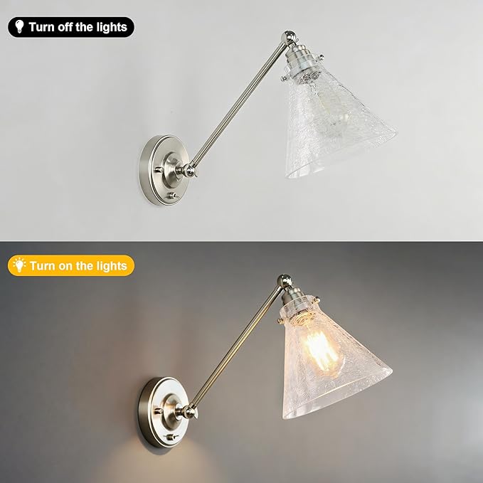 Industrial Vintage Slope Pole Wall Mount Single Sconce with Funnel Flared Clear Glass Shade, Swing Arm Wall Sconce Light Lamp Fixture Hardwired