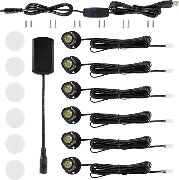DEDC 6pcs Mini LED Spot Lights, 1W 5V 3000K Under Cabinet Lights, Mini Spotlights for Displays with Dimmer (Warm White-Pushbutton Switches-USB Plug)
